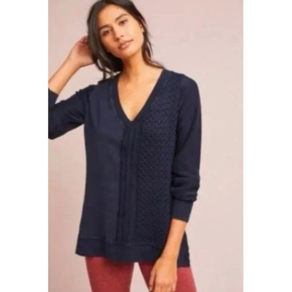 Anthropologie Saturday Sunday Arcana Navy Blue Side Button Sweater Cableknit L - Picture 3 of 12